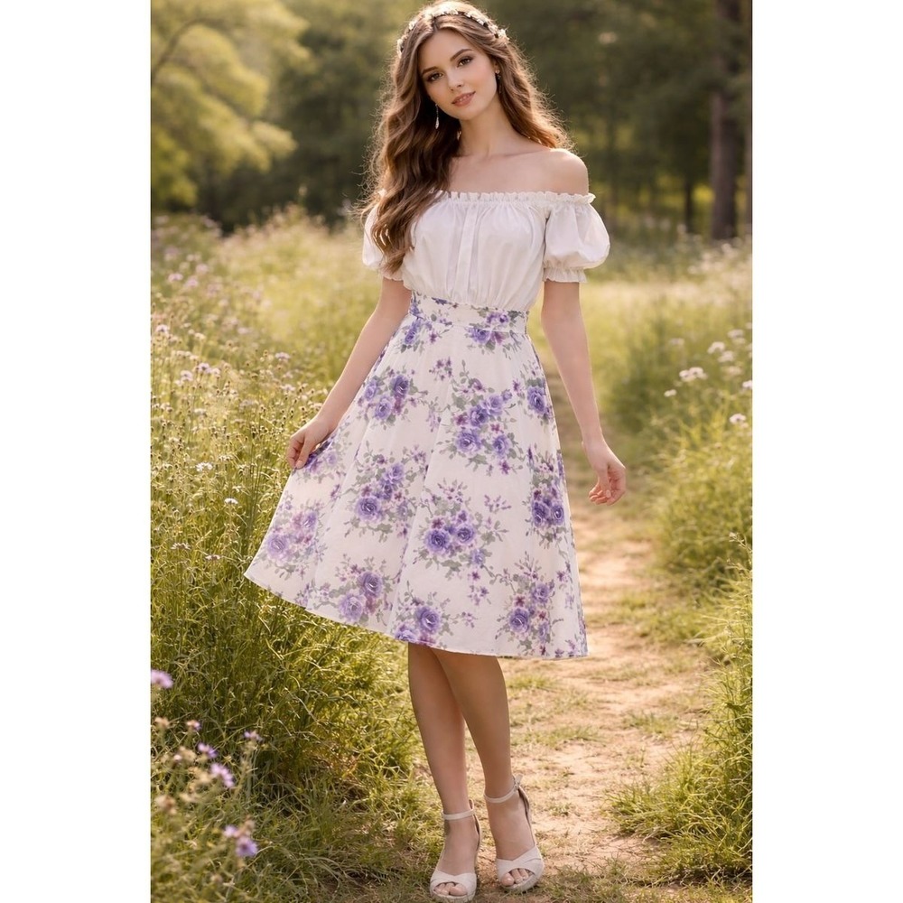 VTG Sara USA Womens Skirt M White Purple Floral A Line Midi Feminine Cottagecore